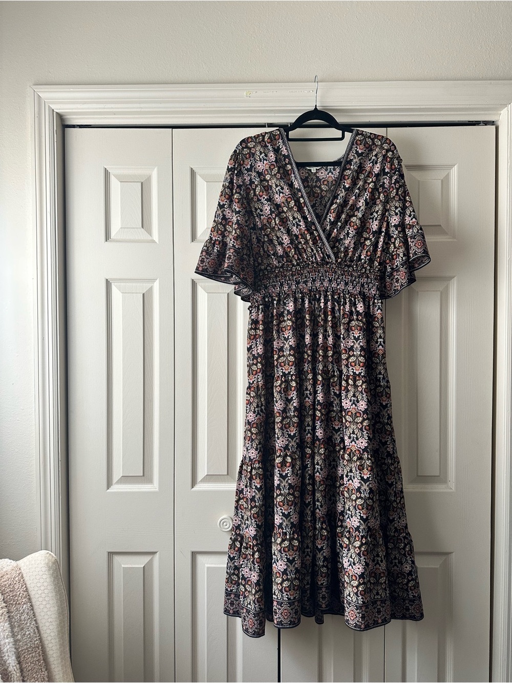 Max Studio Black Floral Maxi Dress with Pink & Cream Accents